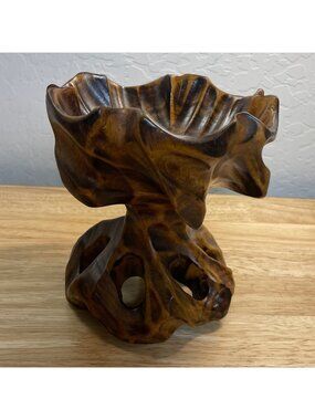 Hand Carved Brutalist Burl Wood Twisted Pedestal Candle Holder Trinket Dish